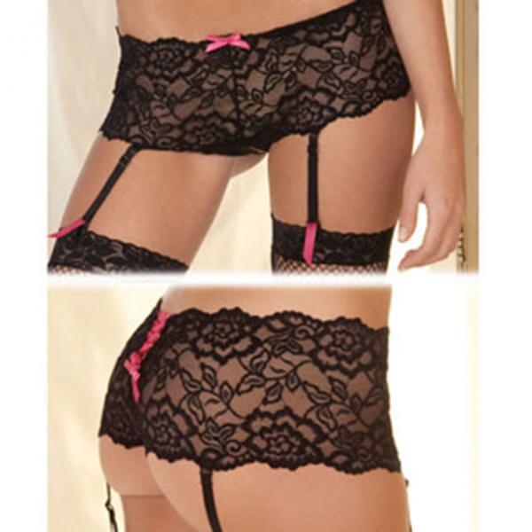 Crotchless Lace Boyleg with Garters Black M/L