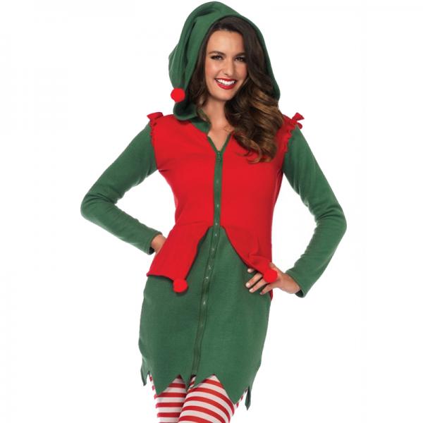 Cozy Elf,fleece Dress With Cute Elf Hood And Pom Pom Accents Green/red Medium