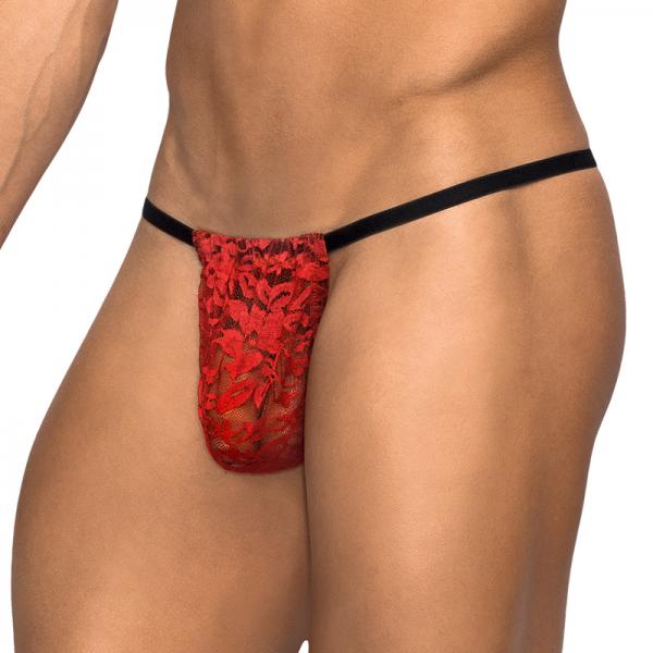 Male Power Stretch Lace Posing Strap Red One Size