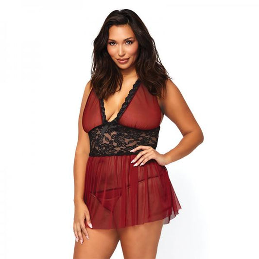 2pc Sheer Halter Babydoll With Floral Lace Empire Waist And Matching G-string 3x-4x Burgundy