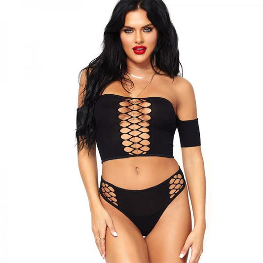2 Piece Crop Top Net Detail and Thong Back Bottoms Black O/S