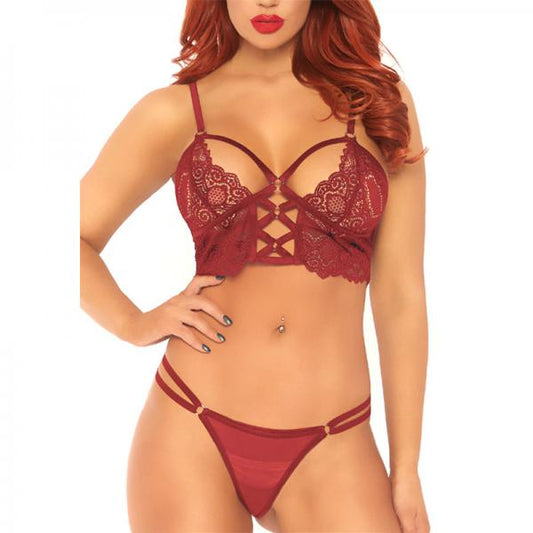 2pc Lace Bralette With Cage Strap O-ring Bodice Detail And Matching Duel Strap Sheer G-string