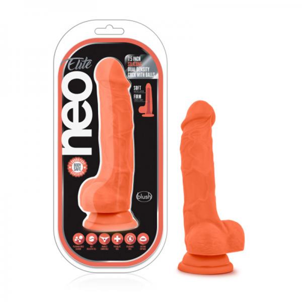 Neo Elite - 7.5in Silicone Dual Density Cock With Balls - Neon Orange