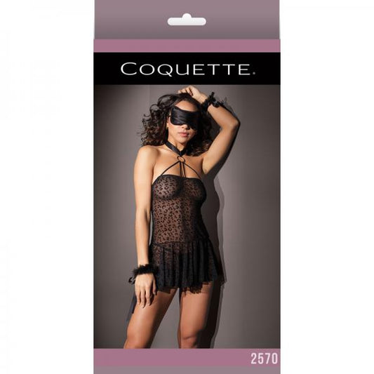 Kitty Leopard Mesh Halter Babydoll W/ Cuffs & Eye Mask Os