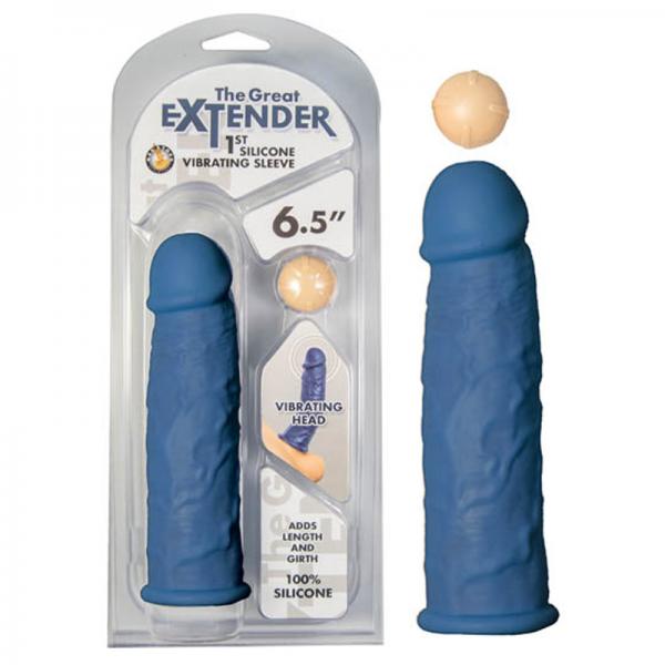 The Great Extender 1st Silicone Vibrating Sleeve 6.5in-blue
