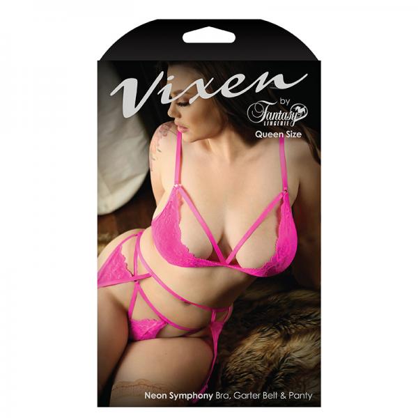 Vixen Neon Symphony Bralette, Garter Belt & Panty Queen Electric Pink